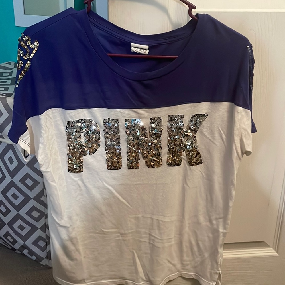 White and purple PINK sequins top